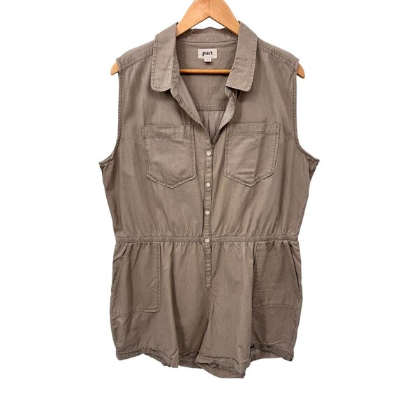 Pact Safari Romper Shortalls Womens XL Khaki Organic Cotton Elastic Waist - Picture 1 of 10